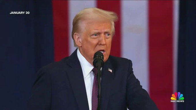 Donald Trump stands at a podium speaking into a microphone, wearing a dark suit, white shirt, and red tie, with an American flag backdrop. Text overlay reads "JANUARY 20" on a blue background with red and white stripes. In another frame, Donald Trump sits at a desk in an office, wearing a dark suit, white shirt, and blue tie, with framed photos and American flags visible behind him. Text overlay reads "FRIDAY" on a similar flag-themed background. The NBC News logo and "Meet the Press" watermark are visible in the corners of the frames.