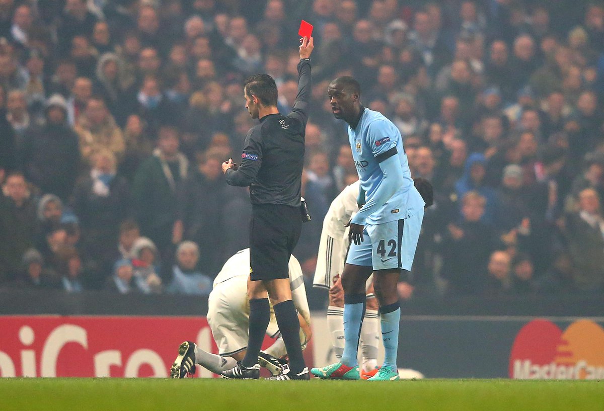 Yaya Toure got a red late on [via @ChampionsLeague]