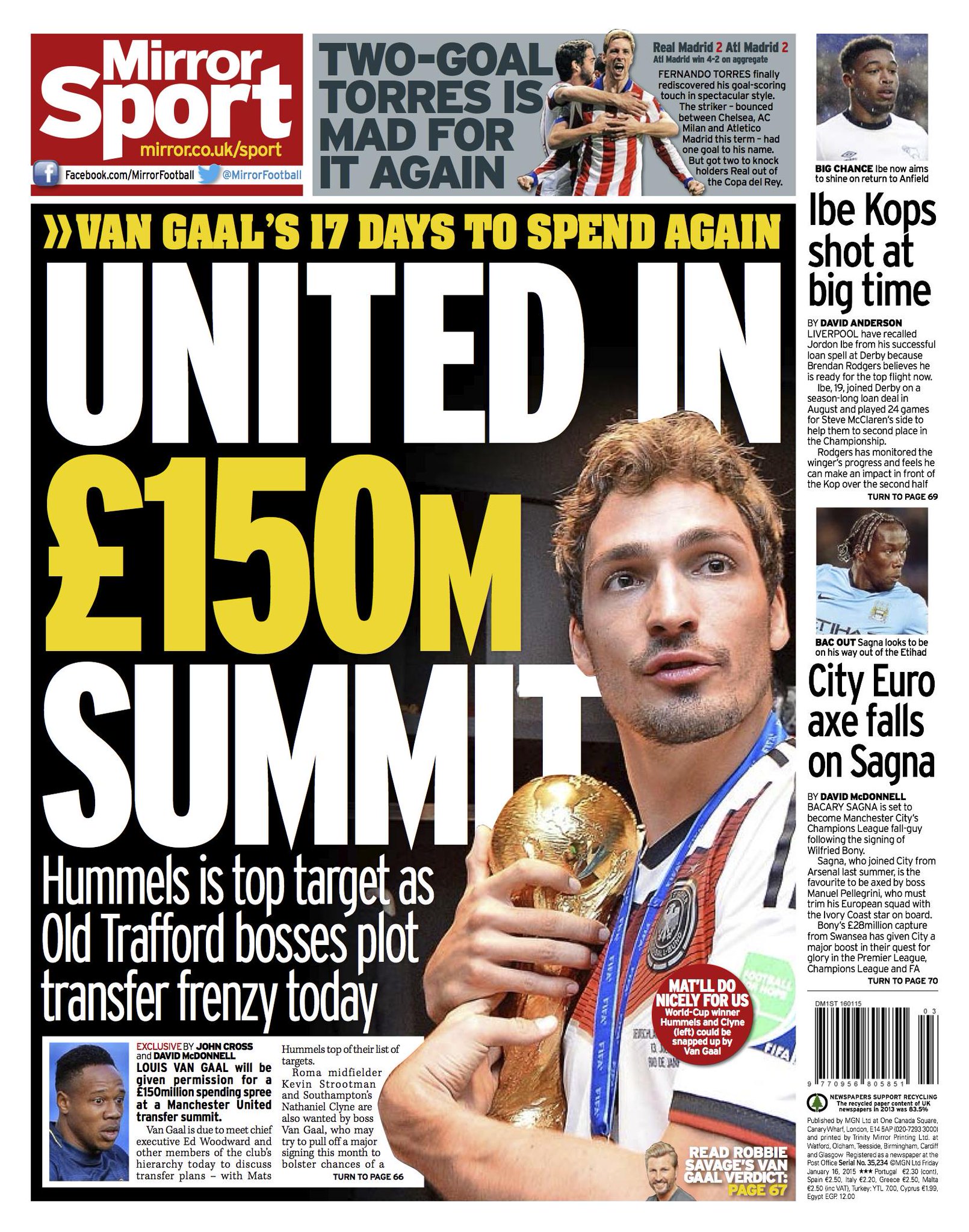  Manchester United make Hummels, Strootman & Nathaniel Clyne targets with £150m funds [Mirror]
