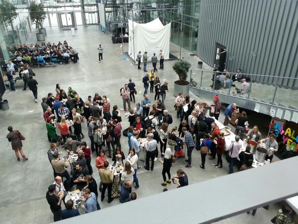 Barcampers hanging out between sessions at Copenhagen's IT University; photo by @andersmn