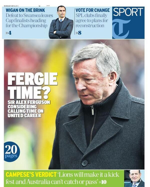 Here's the splash of tomorrow's @TelegraphSport - Fergie Time? Via @MOgdenTelegraph #mufc http://t.co/99O0mwmc18