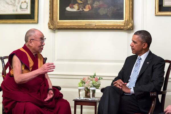 His Holiness the Dalai Lama with President Barack Obama in the Map Room of the White House on February 21, 2014. 