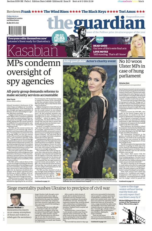 Guardian front page, Friday 9 May 2014: MPs condemn oversight of spy agencies