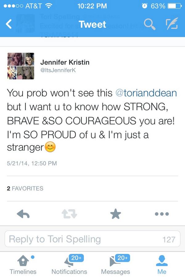Means alot to me! “@ItsJenniferK: YOU ARE SO STRONG!! @torianddean But I REALLY hope u see this #TrueTori 