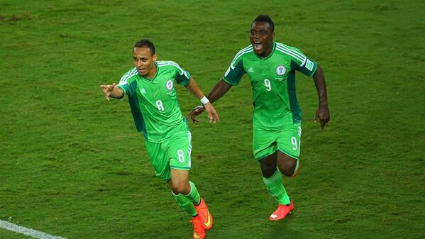 Odemwingie runs to the touchline with Emenike after scoring [via @FIFAWorldCup]