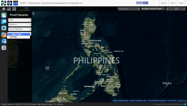 Screenshot of the NOAH version 2 website. We are populating the site with detailed flood and landslide hazard maps.