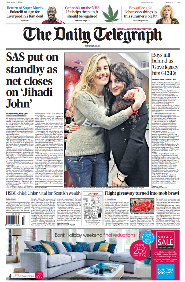 Telegraph front page mi5 blunders that allowed jihadi john slip.
