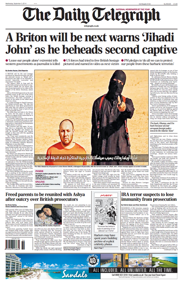 Telegraph front page mi5 blunders that allowed jihadi john slip.