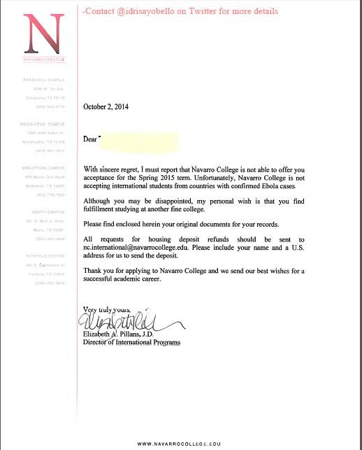 Texas College Rejects Nigerian Applicant Over Ebola 
