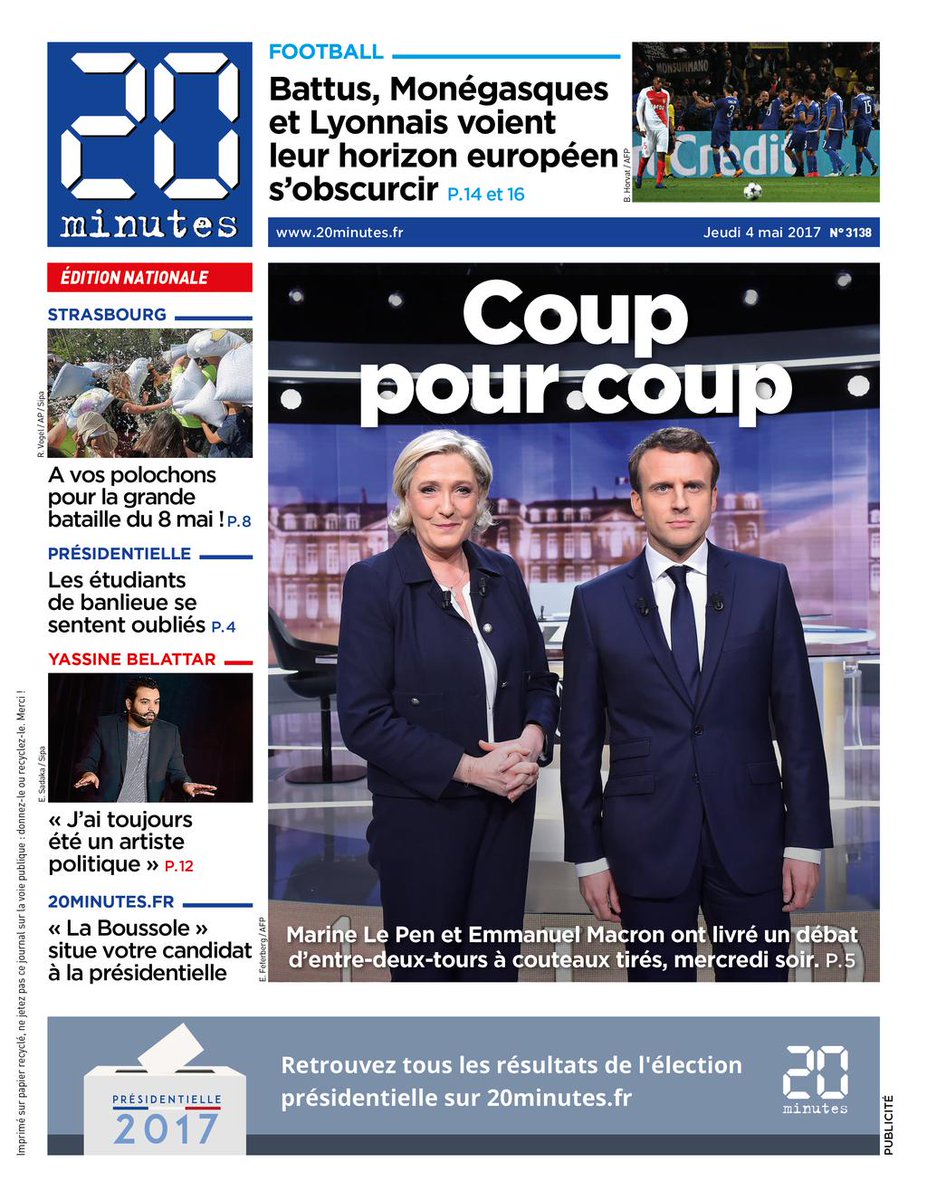 Découvrez la une du quotidien 20 minutes du jour. votre journal est à