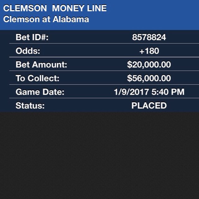 I bet $20,000 on the Clemson money line and picked up $56,000. https://t.co/7mnfsa00Le