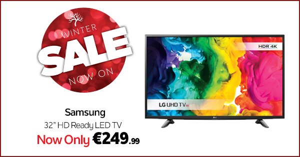 Pick up a bargain this weekend - Get this 32" HD Ready Samsung TV for just €249.99! https://t.co/Qan8SGfdXP https://t.co/AWcTvGYwQJ