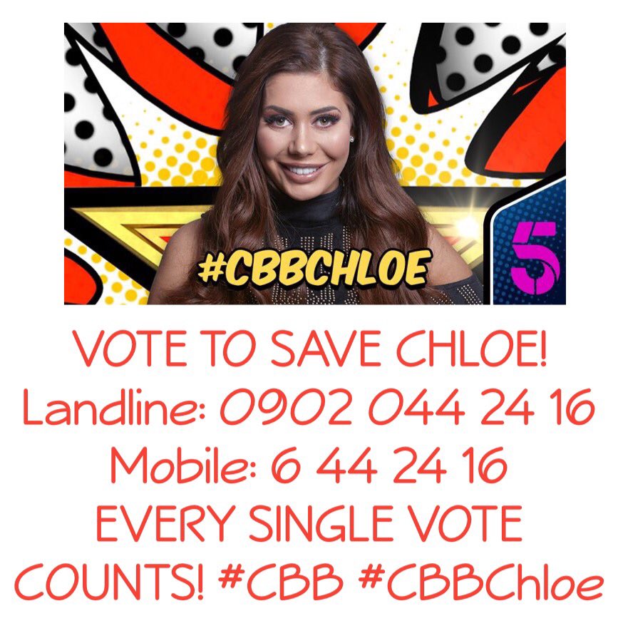 VOTE TO SAVE CHLOE!
☎️Landline: 0902 044 24 16
????Mobile: 6 44 24 16
EVERY SINGLE VOTE COUNTS! #CBB #CBBChloe https://t.co/tqP3AWEZmJ