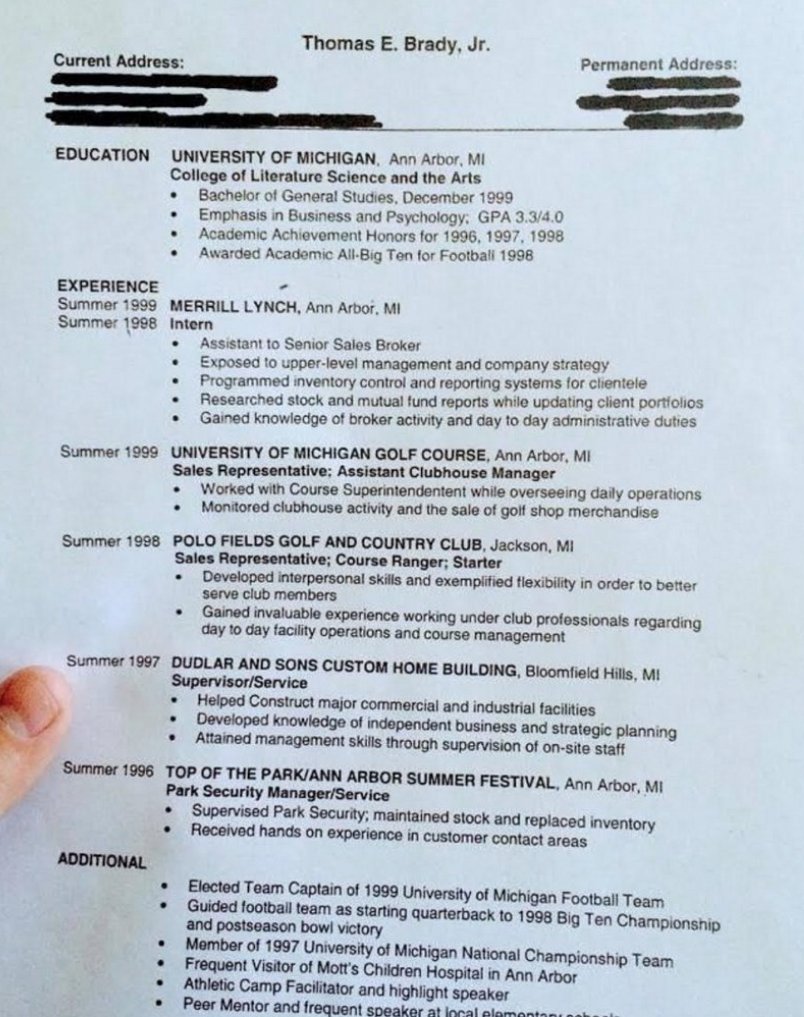 Tom Bradys college resume foto pics Tom Bradys college resume