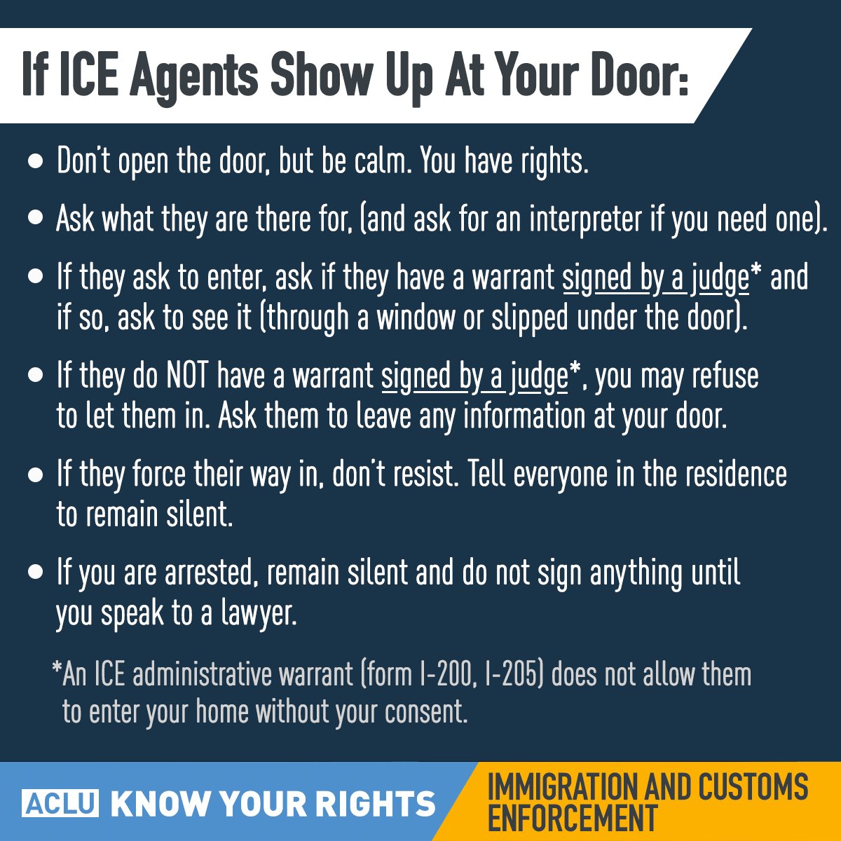 RT @ACLU: KNOW YOUR RIGHTS: What to do if ICE agents show up at your door.  #NoBanNoWallNoRaids https://t.co/HOAF5qtYAs