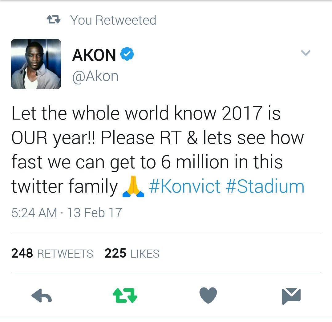 RT @BeatzKonvict: Request: Everyone Go Follow @Akon & Get 6 Million in this Twitter Family #konvict #Stadium https://t.co/qbQCbLS1bd