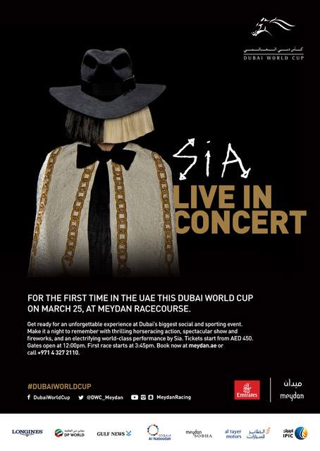 Dubai, don't miss Sia live at the @DWC_Meydan at Meydan Racecourse on 3/25! https://t.co/pNDFPHcQUV - Team Sia https://t.co/K56UUUm0hO