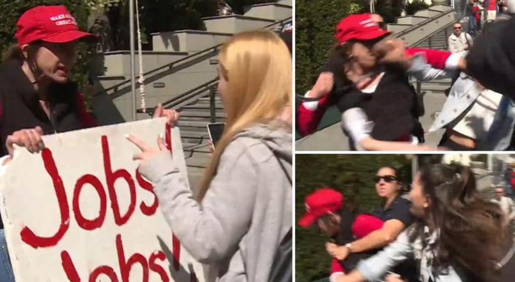 Dramatic moment two women brawl as Donald Trump supporters stage anti-Oscars protest calling for boycott of Academy Awards