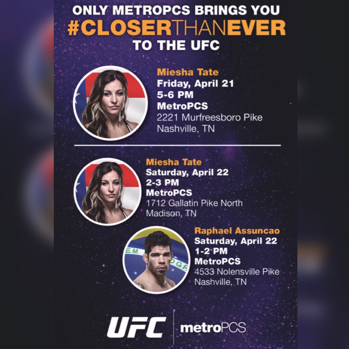REMINDER! Stop by @MetroPCS tomorrow from 5-6pm (2221 Murfreesboro Pike) for your chance to be at #UFCNashville! https://t.co/xFXoyXETY8
