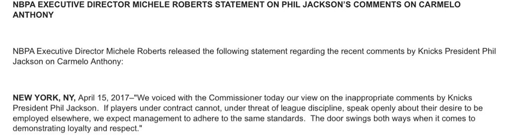 RT @ramonashelburne: Very strongly worded statement from @MRobertsNBPA on Phil Jackson https://t.co/fTgXUKwcsl