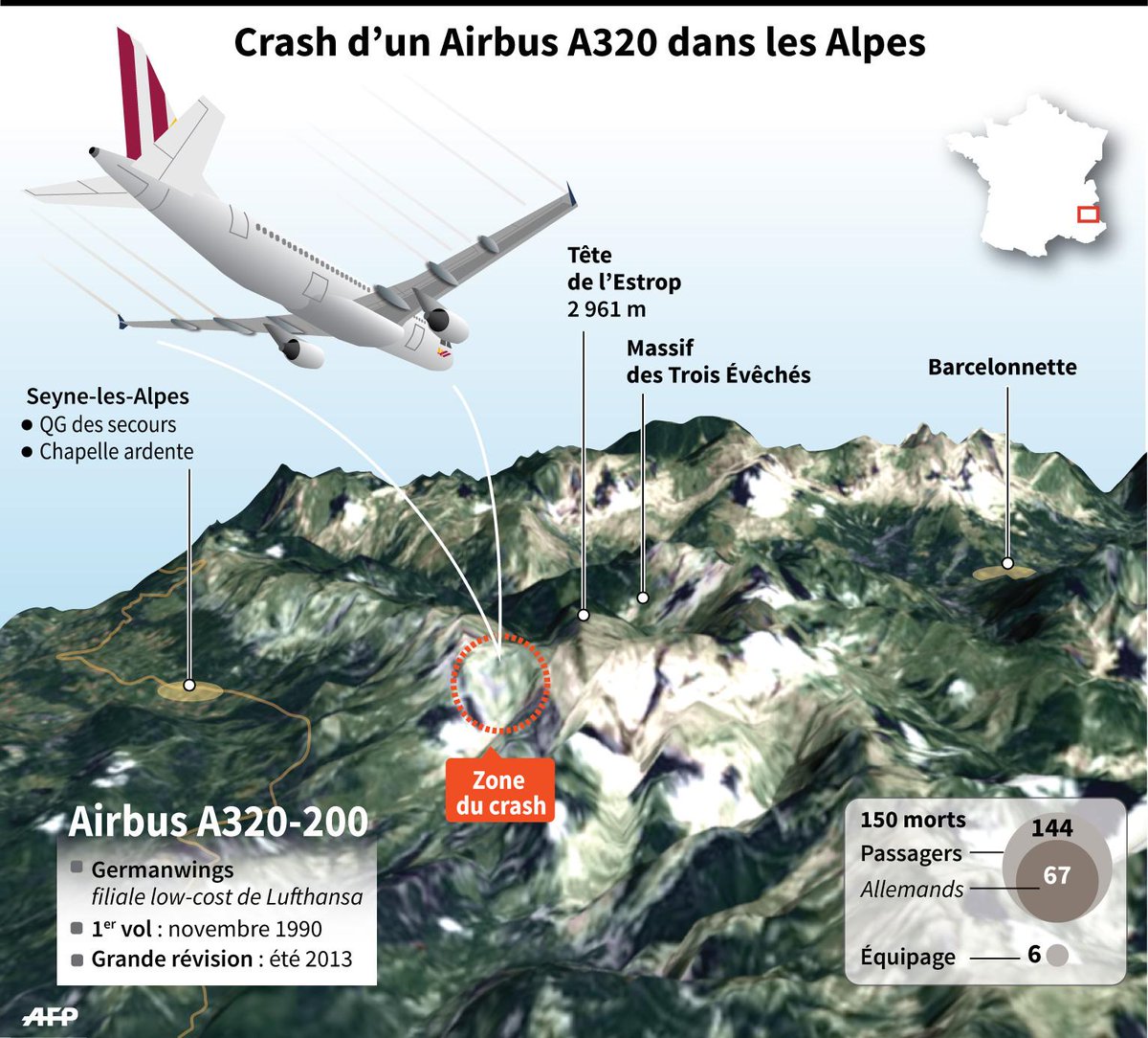 Carte du crash de l'airbus a320 de germanwings dans les alpes, par