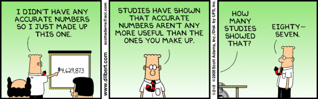  87 Studies shown that accurate numbers are not more useful than the ones you make up (Dilbert)