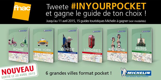 RT @Fnac: JEU │N'oubliez pas de tweeter #InYourPocket pour gagner le guide #Michelin de votre choix 😉 http://t.co/RhSEwgk46h http://t.co/2t… Michelin from twitter @calexette