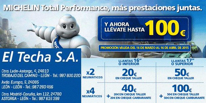 Al comprar neumáticos #michelin te puedes llevar hasta 100€ en cheques ¡Aprovecha este oferta! #leonesp #astorga http://t.co/xRiN2ULB43 Michelin from twitter @El_Techa