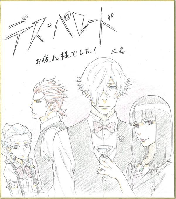 【お疲れ様イラスト】作画監督・原画を担当された三島さんからいただいた色紙です。微笑んでいるデキムと知幸、ノーナ、ギンティ 【お疲れ様イラスト】作画監督・原画を担当された三島さんからいただいた色紙です。微笑んでいるデキムと知幸、ノーナ、ギンティ