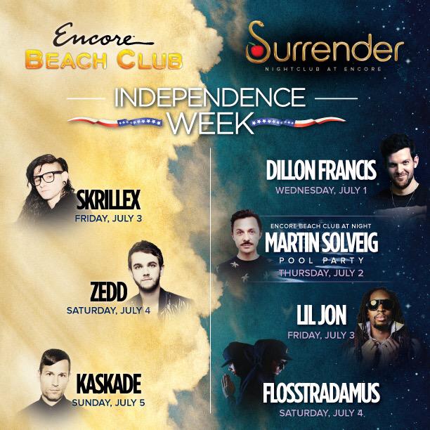 RT @SurrenderVegas: #4thofJuly WEEK LINEUP!????????
Wed @DillonFrancis 
Thurs #EBCatNight @MartinSolveig
Fri @LilJon
Sat @Flosstradamus http://t.…