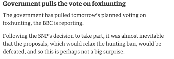 RT @guardian: Government shelves fox-hunting vote - Politics live http://t.co/AE3Vaprwt0 http://t.co/mPJ7c1jf93