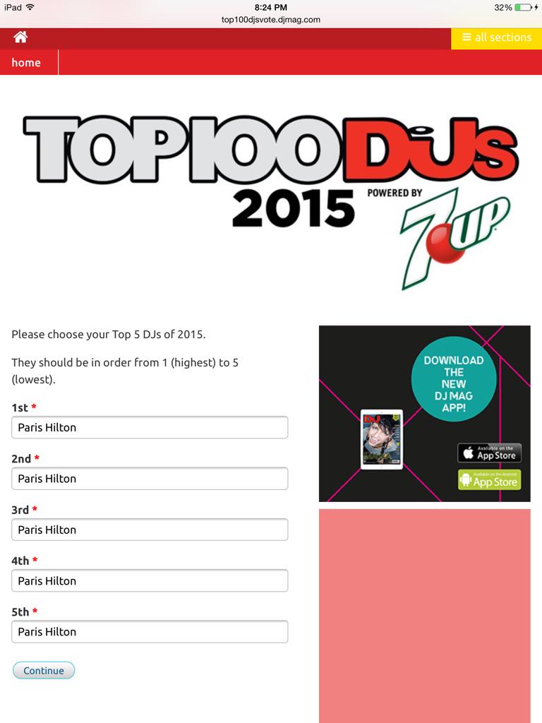RT @ChelzRoma: I Just voted @ParisHilton to become #Top100Djs2015 @djmag ❤️ Guys Vote PARIS Now!!!! http://t.co/y64VayB9vg