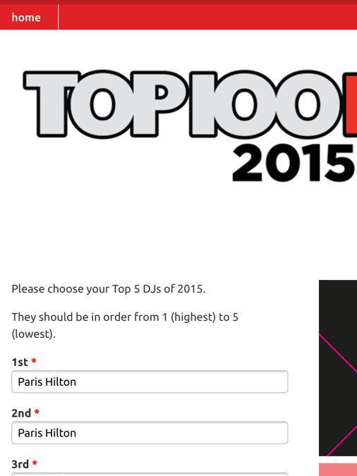 RT @AdkinsAlexandre: Voted @ParisHilton #Top100Djs2015 @djmag ❤️ VOTE FOR THE QUEEN NOW !!! ???????????????????????????????? http://t.co/p9hdcXXfdw