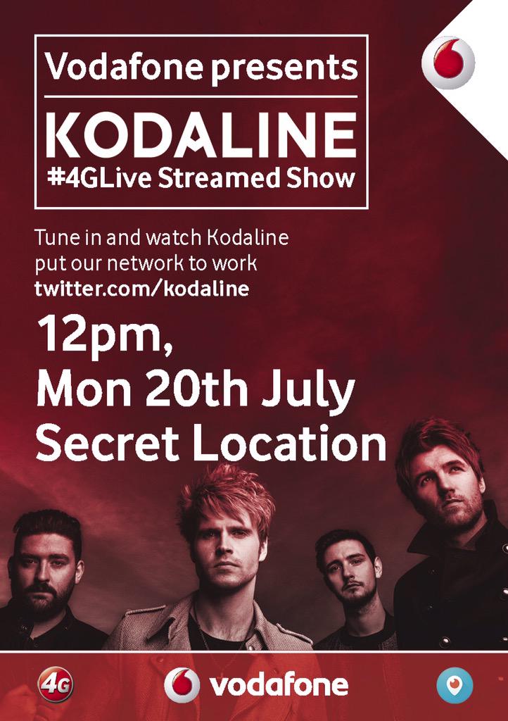 RT @Kodaline: Tomorrow we play the first ever @VodafoneIreland #4GLive gig on @Periscope from an awesome location 
Tune in at 12pm http://t…