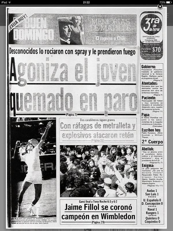 Así informó el diario La Tercera la muerte de Rodrigo Rojas De Negri en 1986. (foto vía @jaranedab #CasoQuemados http://t.co/PdaIjEveue