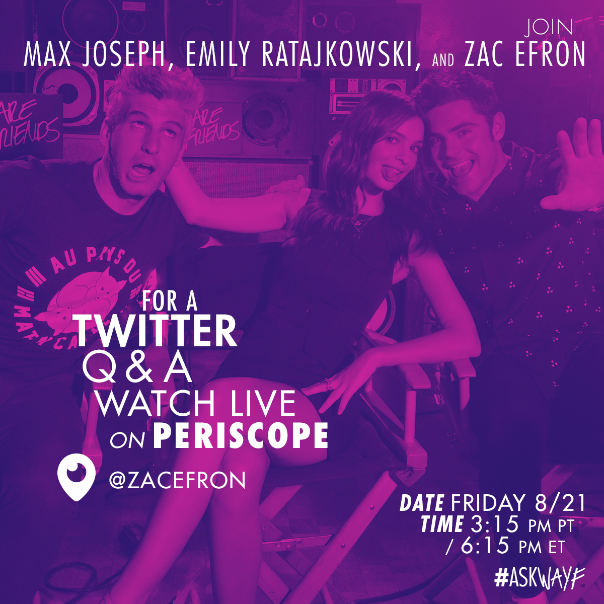 RT @WAYFMovie: Have a Q for @ZacEfron, @EmRata & @MaxJoseph? Tweet NOW using #AskWAYF & watch them answered LIVE tomorrow! http://t.co/eL8K…