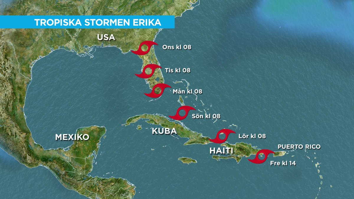 Tropiska stormen #Erika rör sig mot Dominikanska republiken med stormvindar och 75-150 mm regn, lokalt 250. 