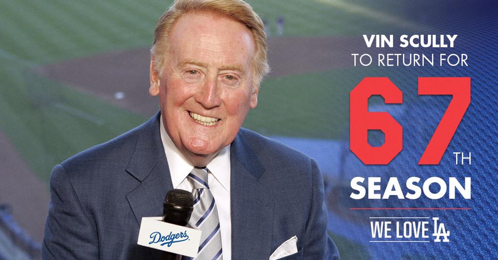 ????OFFICIAL: It'll be a very pleasant 2016. Vin Scully to return for his 67th season. http://t.co/6QSWuBmkDR /via @Dodgers /via @heykim