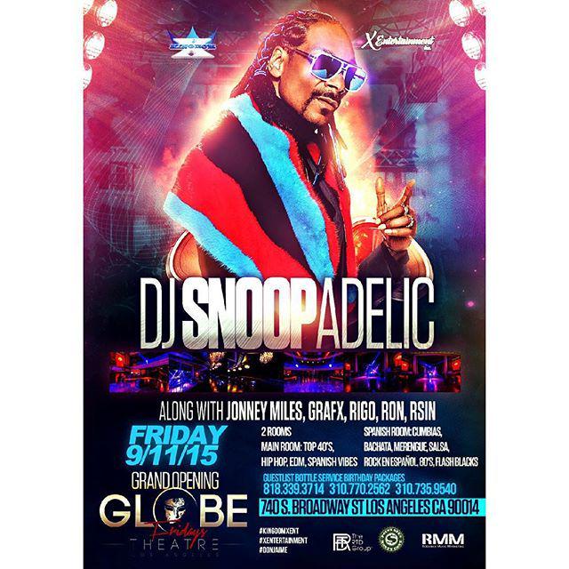 LA !! Catch me live #DJSNOOPADELIC this friday 9/11 at @globetheatrela ​ !! @rmmpercy does… http://t.co/ApQRSeIFZI http://t.co/5OfguM1X9J