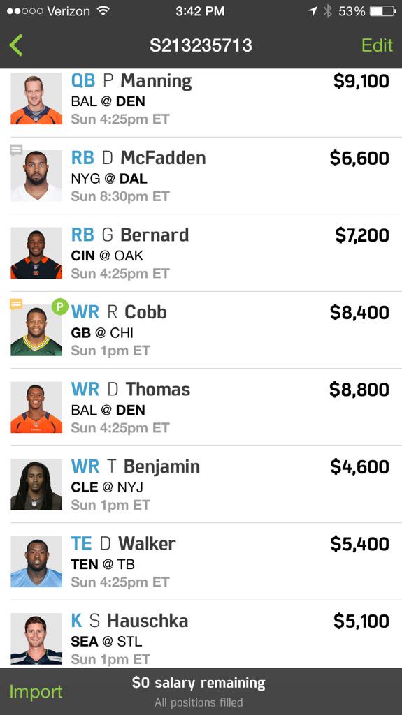RT @Teter19: Here is the winning team for @jerryferrara @FanDuel league. Manning to Thomas for the win! http://t.co/6XcyIPAYv6