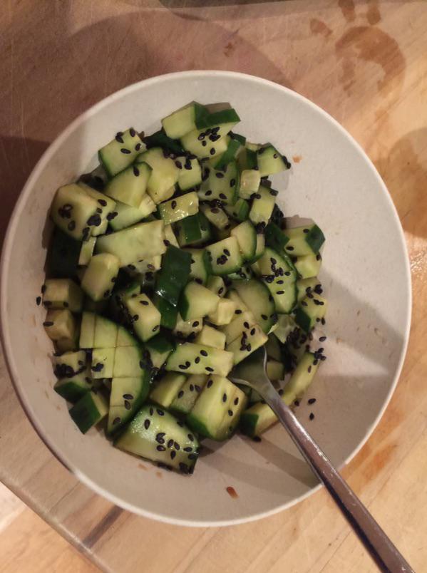 fave and fast: organic cucumbers. Nama shoyu sauce. black sesame seeds. Delish. http://t.co/RBfaMQfQTI