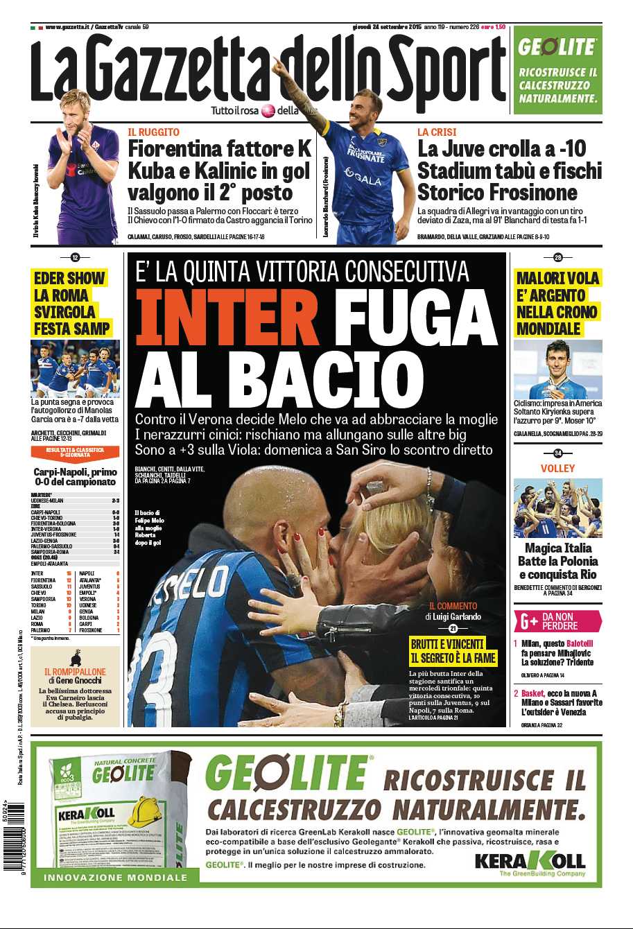 La #primapagina di oggi: Inter, fuga al bacio, crollo Juve, Fiorentina seconda #Ciclismo Malori volo d'argento http://t.co/ljX6iEzAl7