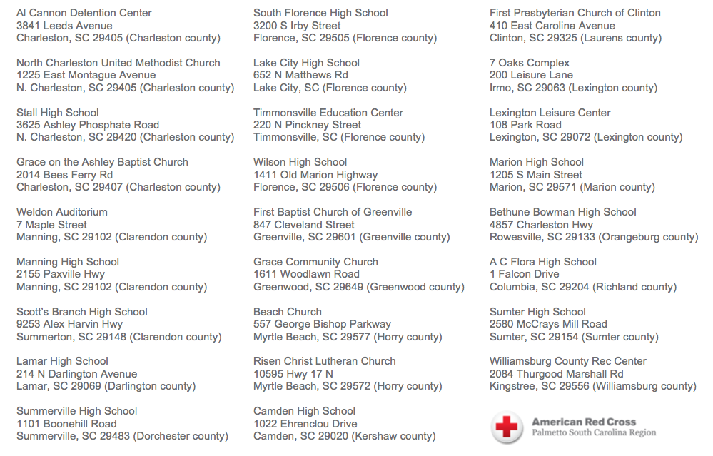 Updated list with all 26 shelters here: #evacuate #rcdar #scflood #seflood #scwx  http://t.co/m69SaB66gu /via @RedCrossSC @RedCross @heykim