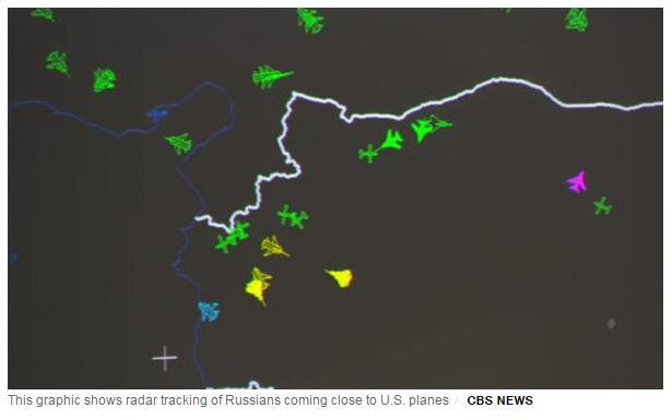 Radar tracking image shows Russian planes (yellow) and US planes (Green) in skies over #Syria. - @abarden 