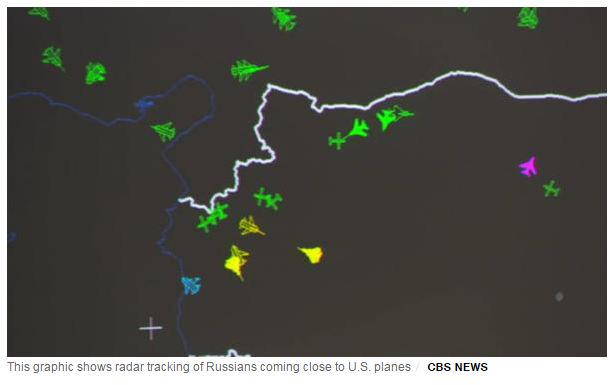 Radar tracking image shows Russian planes (yellow) and US planes (Green) in skies over #Syria. - @abarden
