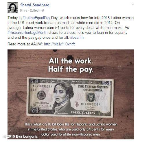 Glad to see @SherylSandberg supporting #LatinaEqualPay Day. Let's lean in for equality to end the pay gap for good! http://t.co/7zDM61IvMZ