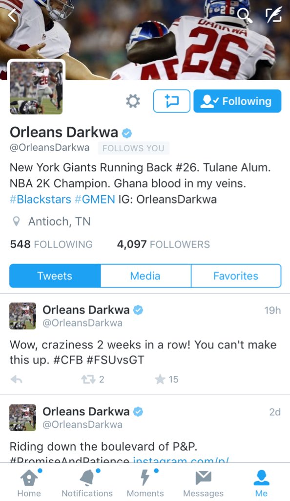 We follow each other. I should have saw that sign as a must start! Happy for @OrleansDarkwa getting the TD. https://t.co/5KuLpCv4TE