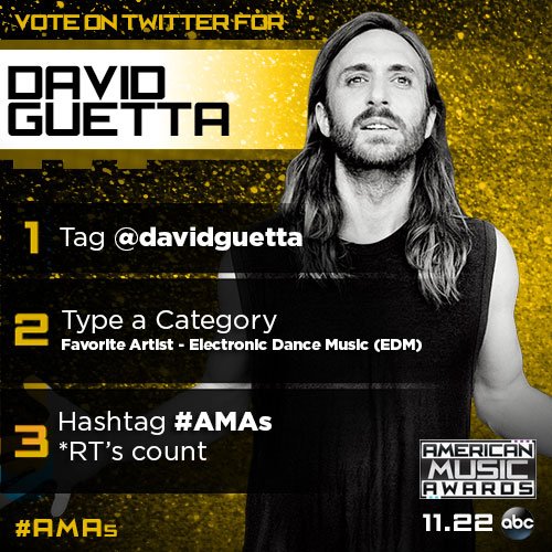 RT @wearebigbeat: RT to vote @davidguetta for Favorite Artist - Electronic Dance Music at @TheAMAs! #AMAs https://t.co/pvQzyHkpeK