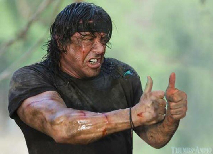 Time to write movie dialogue. What do you think Rambo is saying? 