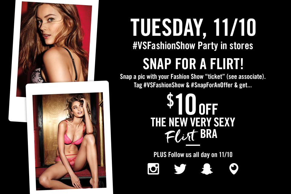 Don't miss the #VSFashionShow Party in stores 11.10 & get $10 off the New Very Sexy Flirt! https://t.co/ROQRShPXb6 https://t.co/b0zArEgobD